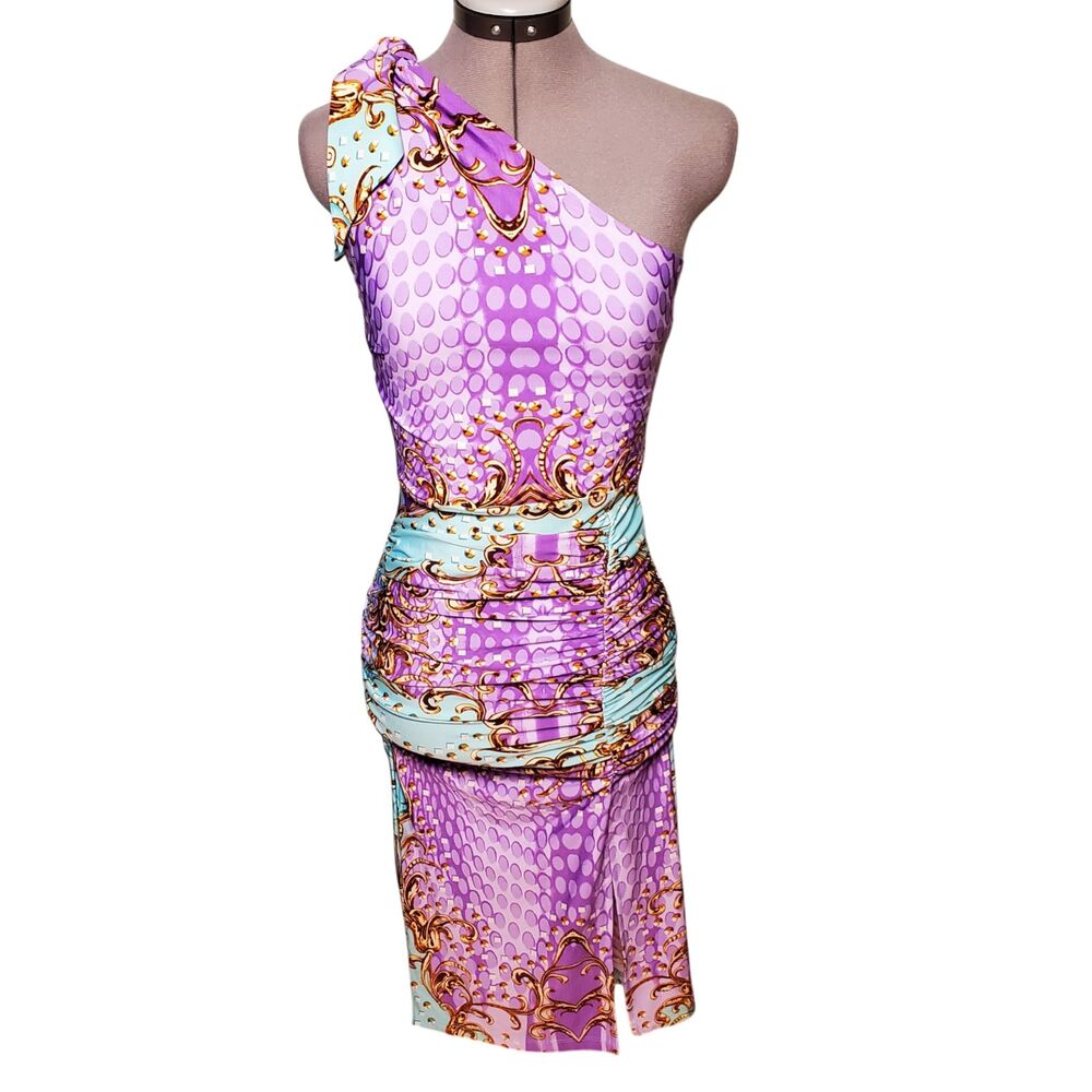 Venus Bodycon Midi Dress Size XS One Shoulder Purple & Teal Ruched Mermaidcore